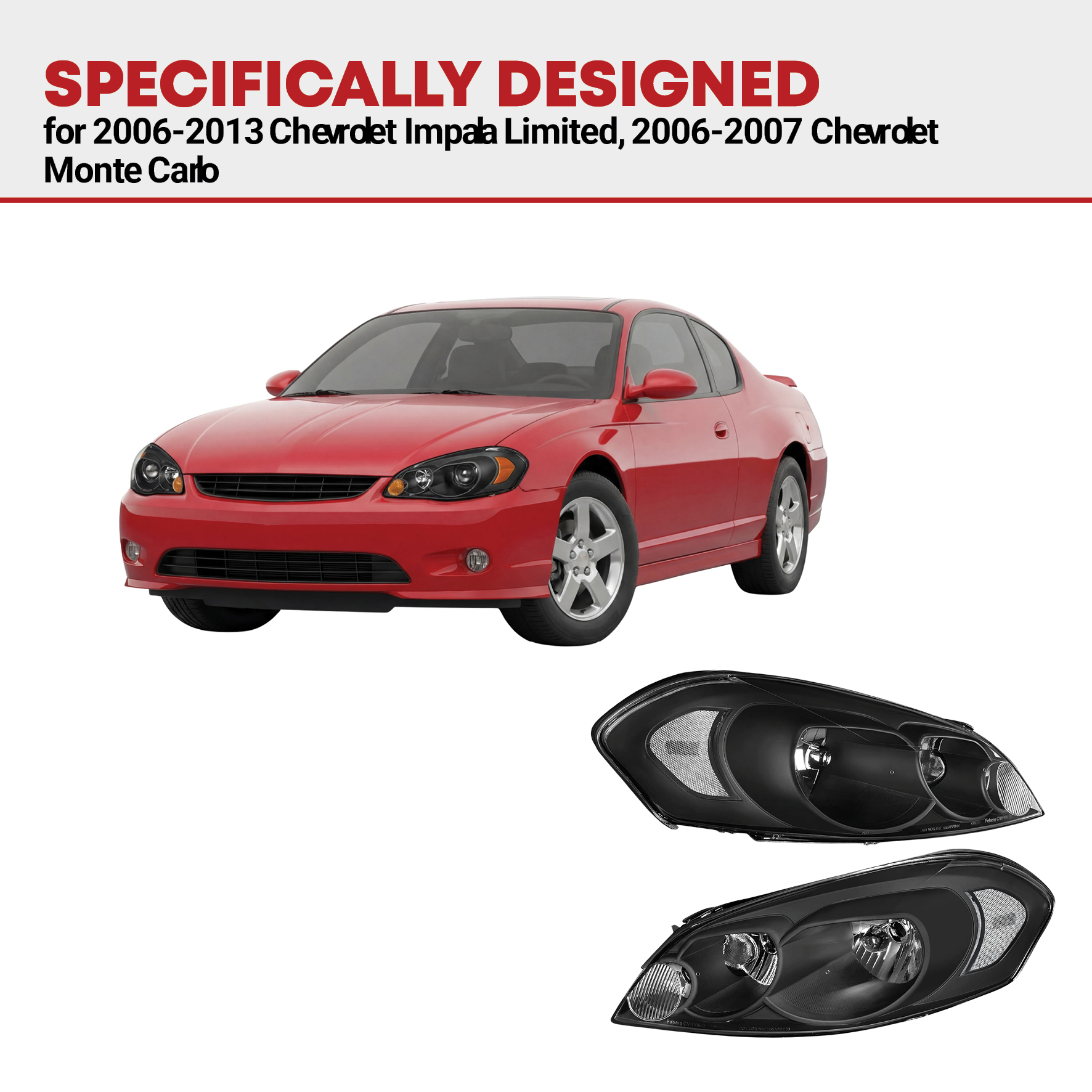 Side view of YITAMOTOR® Headlights Assembly Compatible with 2006-2013 Chevrolet Impala / 14-16 Chevy Impala Limited / 2006 2007 Monte Carlo Headlamp Replacement Bl