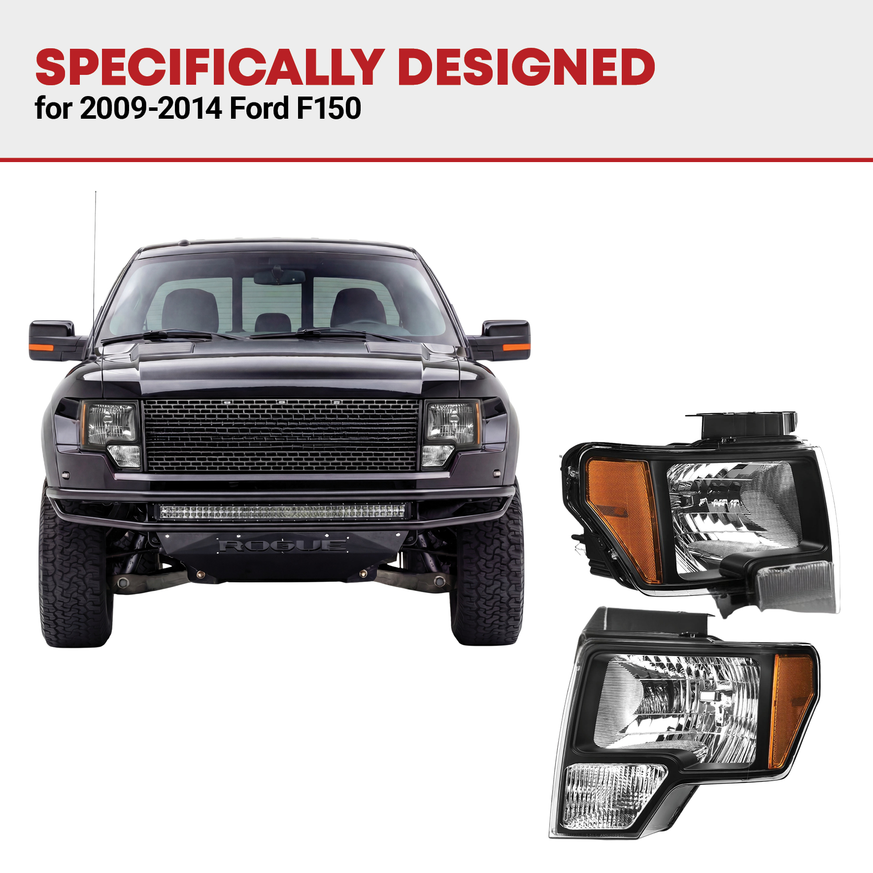 Side view of YITAMOTOR® 2009-2014 Ford F150 Amber Reflector Chrome Housing Replacement Headlight Assembly