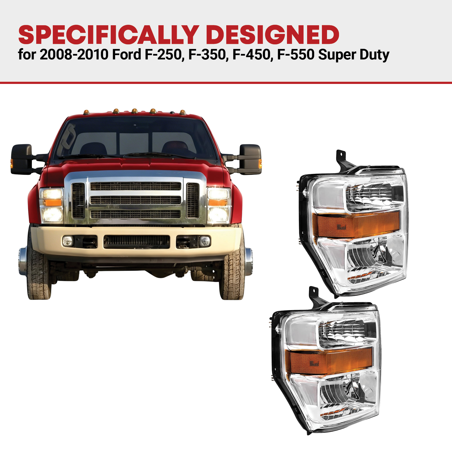 Side view of YITAMOTOR® 2008-2010 Ford F-250 F-350 F-450 F-550 Super Duty Headlights Assembly Chrome Housing