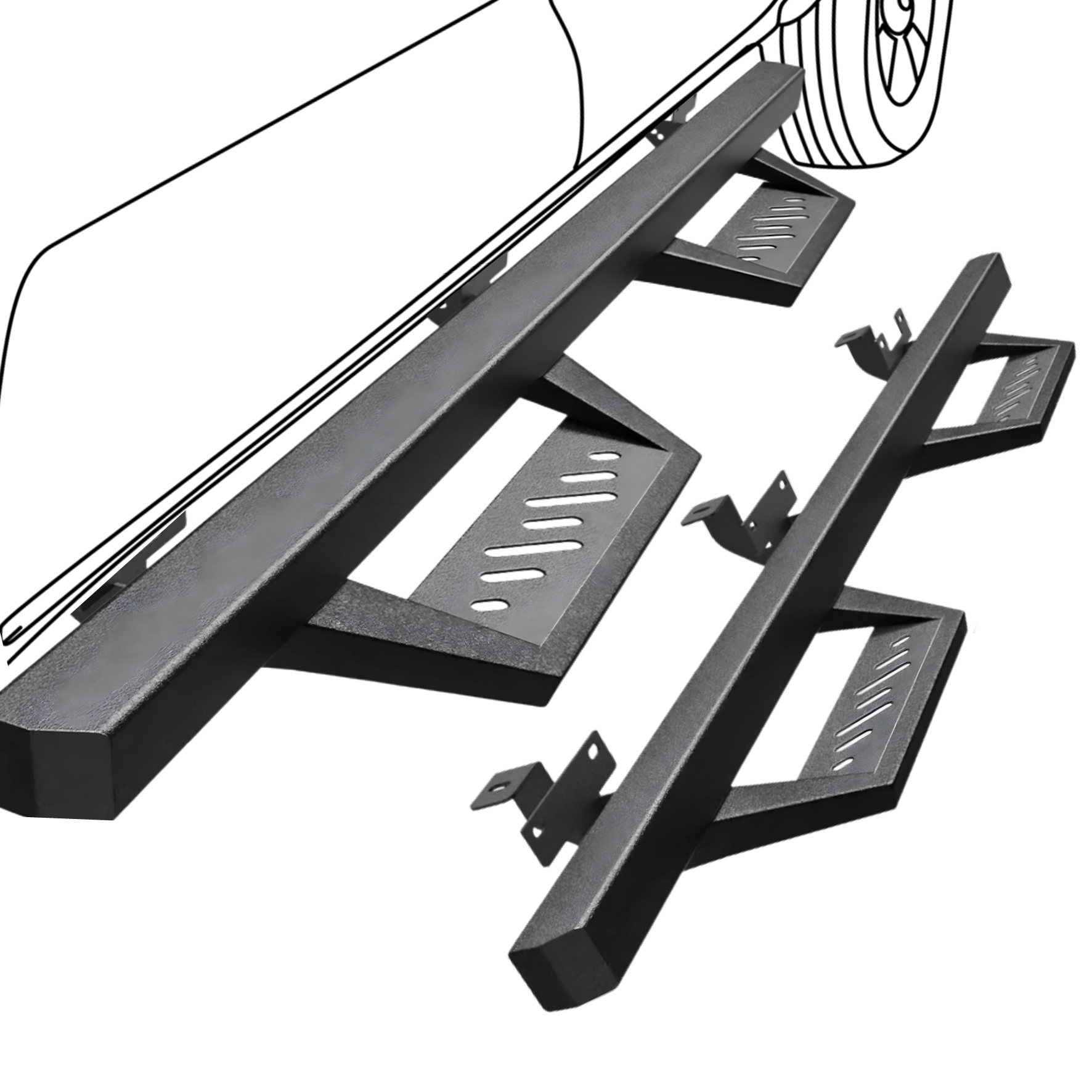 Side view of OEDRO Running Boards Compatible with 2018-2026 Jeep Wrangler JL JLU Unlimited 4 Doors, Drop Down Side Steps Rails, Black Steel Nerf Bars