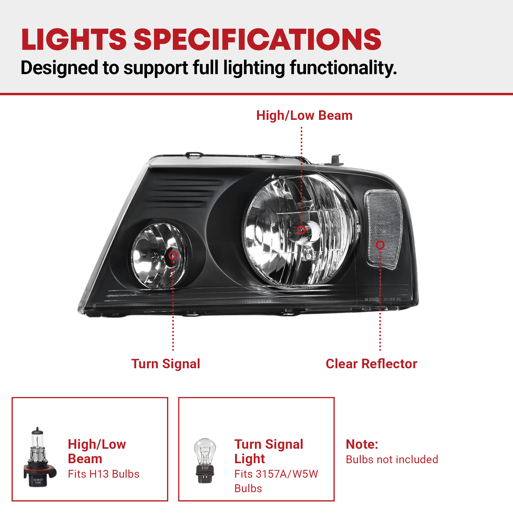 Side view of YITAMOTOR® Headlight Assembly Compatible with 2004 2005 2006 2007 2008 Ford F-150 Black Housing Clear Reflector Clear Lens Passenger and Driver side