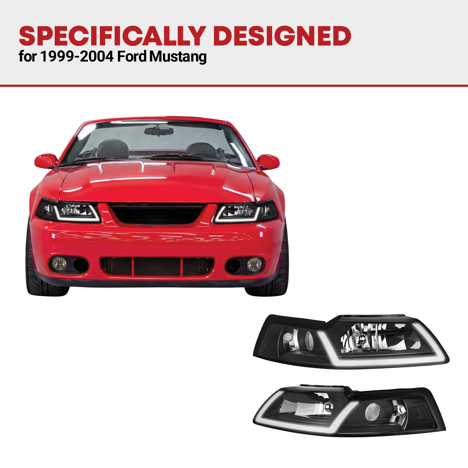 Side view of YITAMOTOR® LED DRL Headlights Assembly Compatible with 1999-2004 Ford Mustang Headlamp Replacement Pair with Daytime Running Light Black Housing Clear