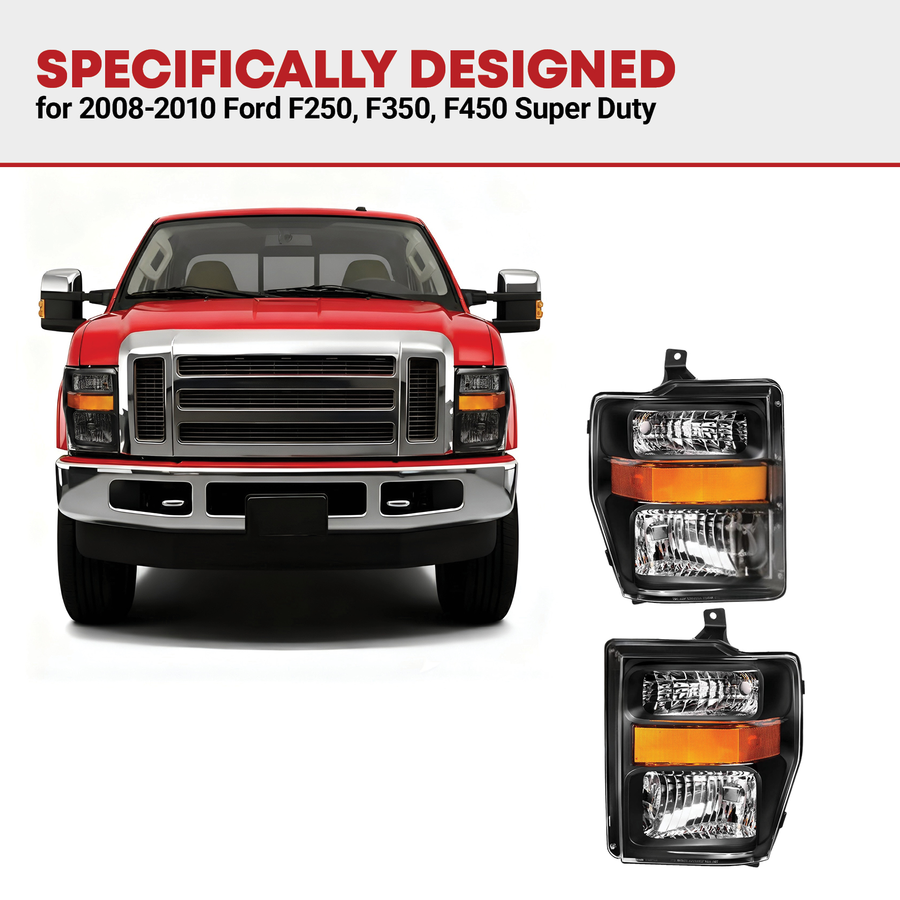 Side view of YITAMOTOR® 2008-2010 Ford F250 / F350 / F450 Super Duty Headlights Assembly Amber Reflector