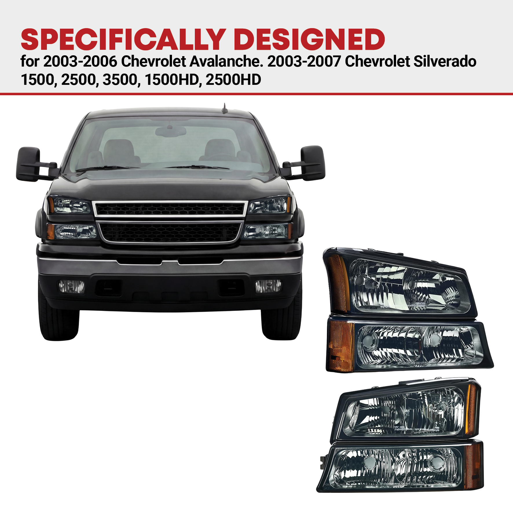 Side view of YITAMOTOR® 2003-2006 Chevy Silverado Avalanche Pickup Headligts Assembly Smoke Lens
