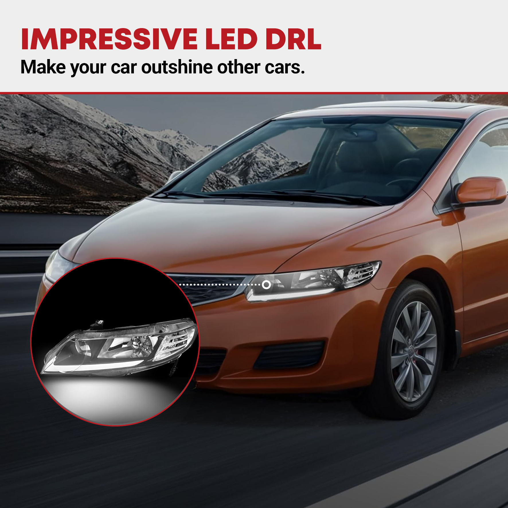 Side view of YITAMOTOR® LED DRL Headlights Assembly For 2006-2011 Civic Sedan 4-Door Headlamp Replacement Pair with Daytime Running Light Black Housing Clear Refle