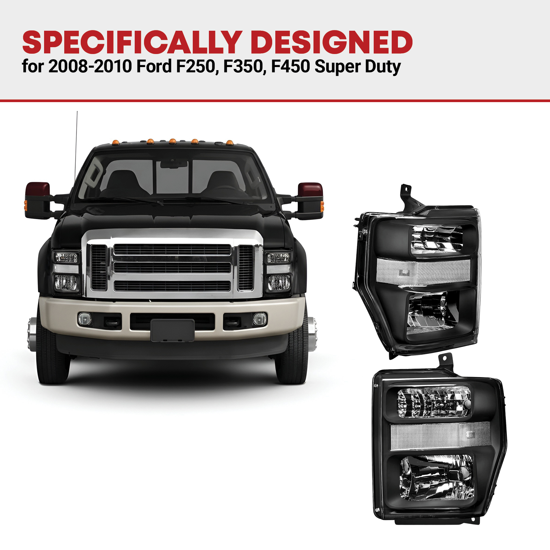 Side view of YITAMOTOR® 2008-2010 Ford Super duty Headlights Assembly Pair Black Housing Clear Lens Clear Reflector
