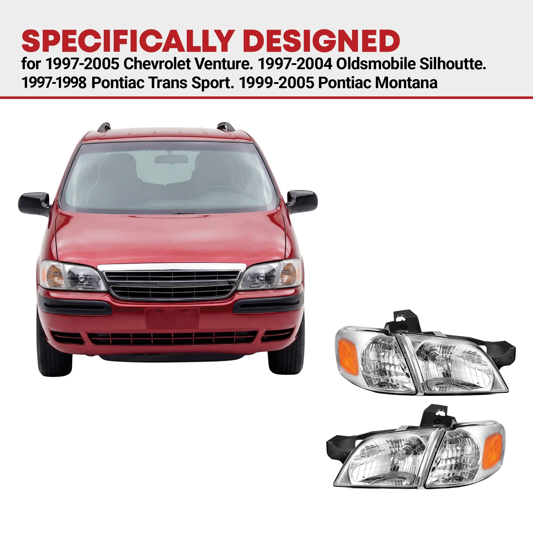 Side view of YITAMOTOR® Headlights Assembly Compatible with 1997-2005 Chevy Venture 97-04 Oldsmobile Silhouette 97-98 Pontiac Trans Sport 99-05 Pontiac Montana Hea