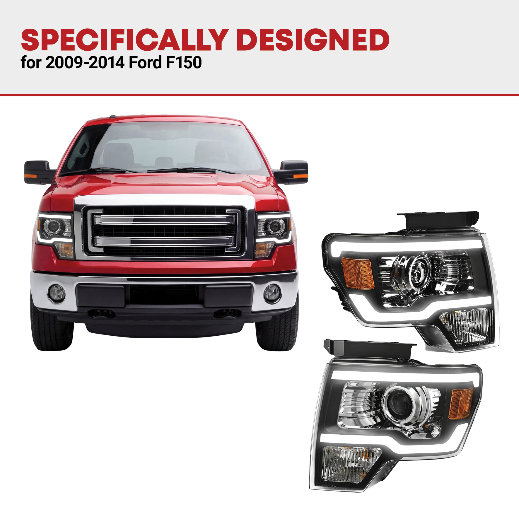 Side view of YITAMOTOR® 2009-2014 Ford F150 Headlamp LED DRL Headlights Assembly Black Housing Amber Reflector