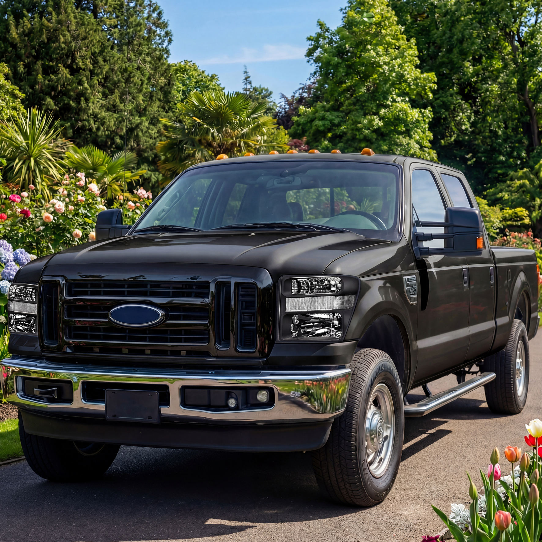 Side view of YITAMOTOR® 2008-2010 Ford Super duty Headlights Assembly Pair Black Housing Clear Lens Clear Reflector