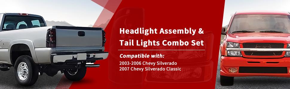 2003-2006 Chevy Silverado 1500 2500 Black Headlights + Smoke Tail Lights Set