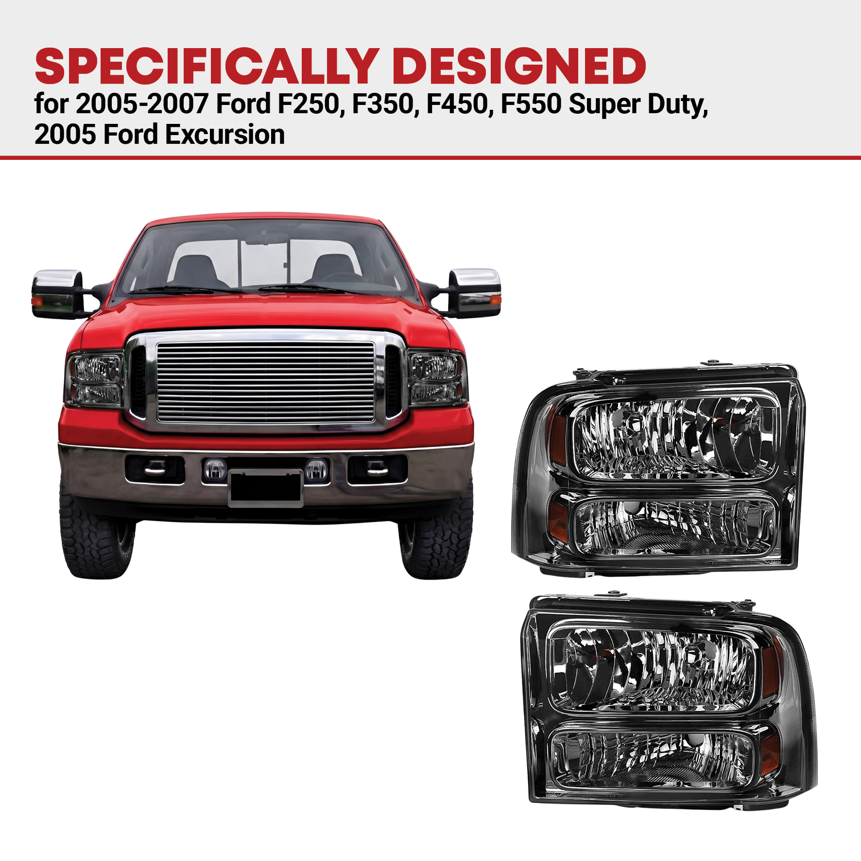 Side view of YITAMOTOR® Headlight Assembly Compatible with 05 06 07 Ford F250 F350 F450 F550 Super Duty/05 Ford Excursion Headlight Assembly OE Projector Headlamp
