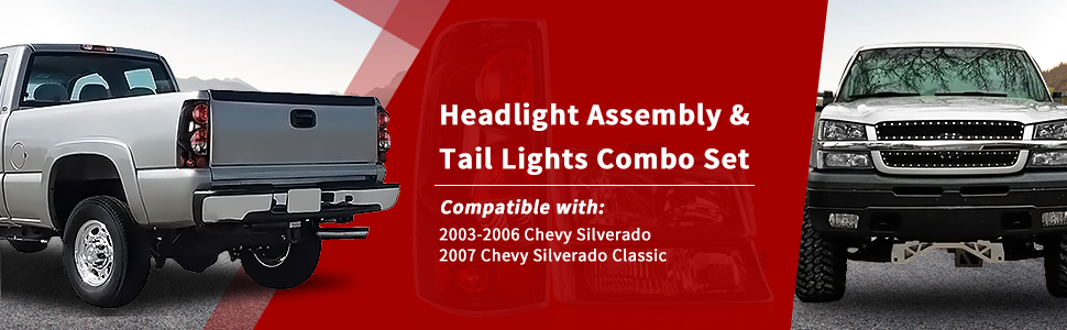 Headlight Assembly+Taillights Combo For 2003-2006 Chevy Silverado 1500 2500HD / 04-06 3500 Silverado / 2007 Silverado Classic Black Housing Headlight Clear Lens Taillight