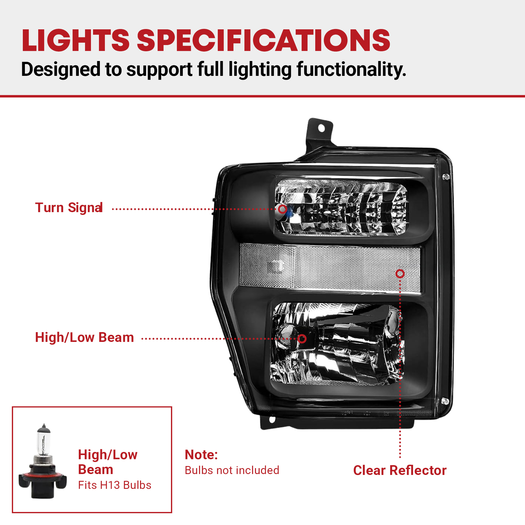 Side view of YITAMOTOR® 2008-2010 Ford Super duty Headlights Assembly Pair Black Housing Clear Lens Clear Reflector