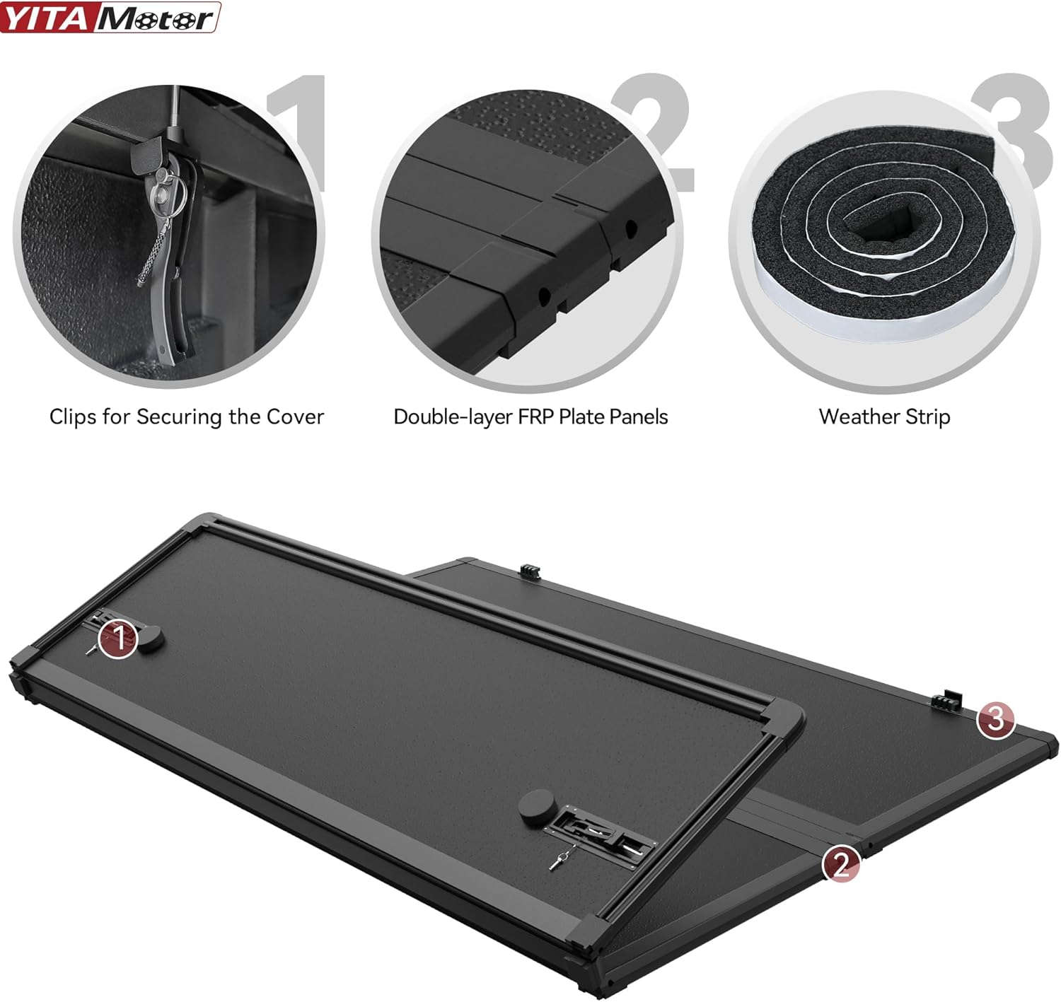 Side view of YITAMOTOR FRP Hard Tri-Fold Tonneau Cover for 2005-2015 Toyota Tacoma 6 ft Bed (Excl. Trail Edition)