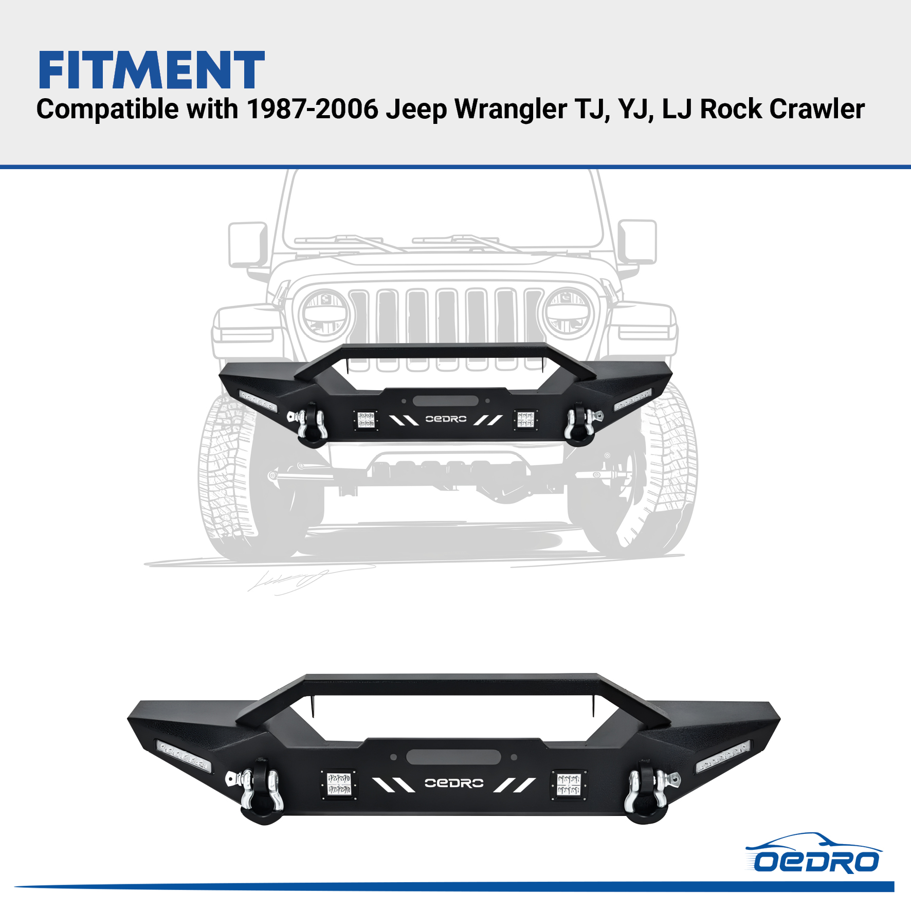 Side view of OEDRO  Front Bumper for 1987-2006 Jeep Wrangler TJ & YJ & LJ, Rock Crawler Bumper with Winch Plate Mounting & 4X LED Lights & 2X D-Rings