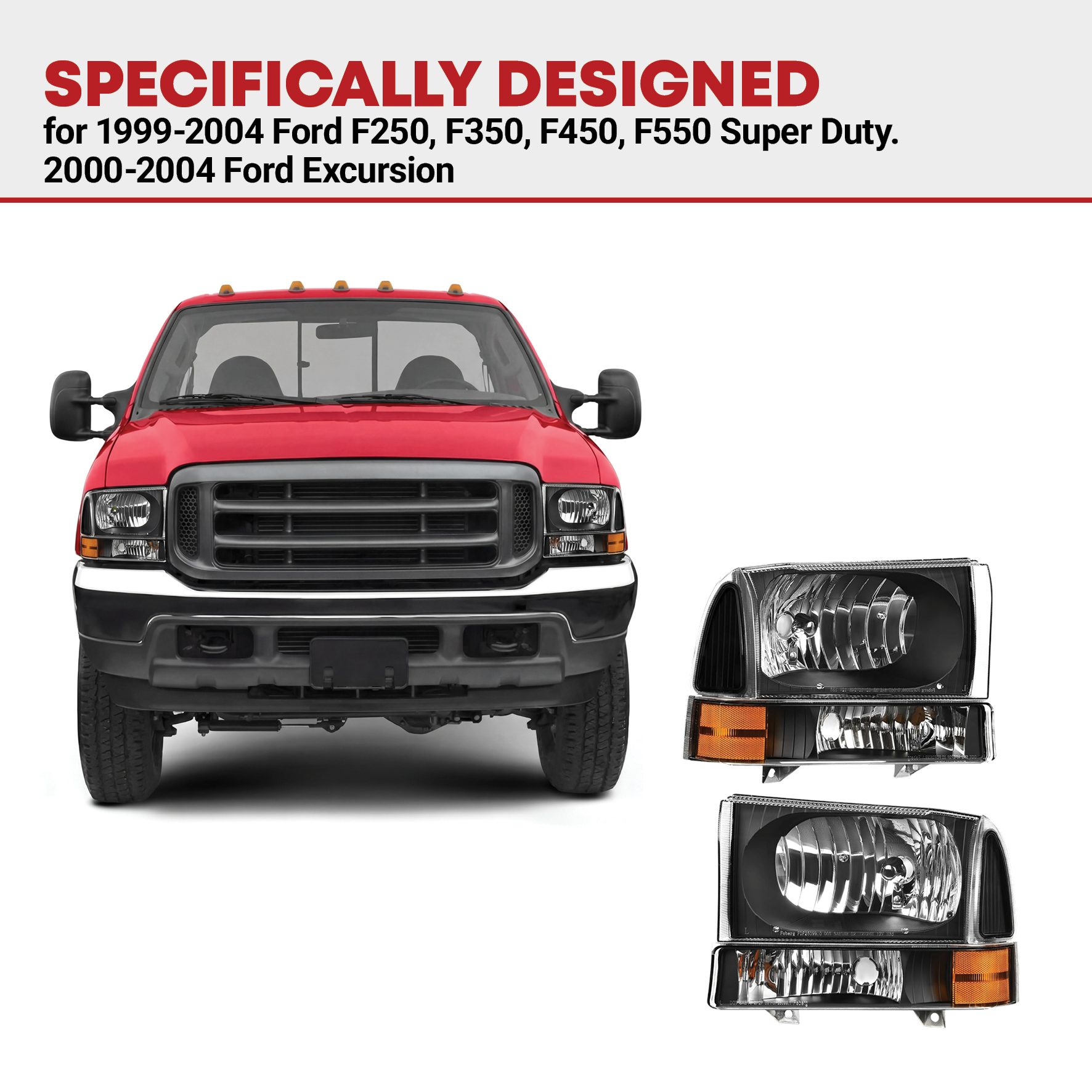 Side view of YITAMOTOR® Headlight Assembly Compatible with 1999-2004 Ford F250 F350 F450 F550 Super Duty/2000-2004 Ford Excursion, OE Headlamp Replacement Black Ho