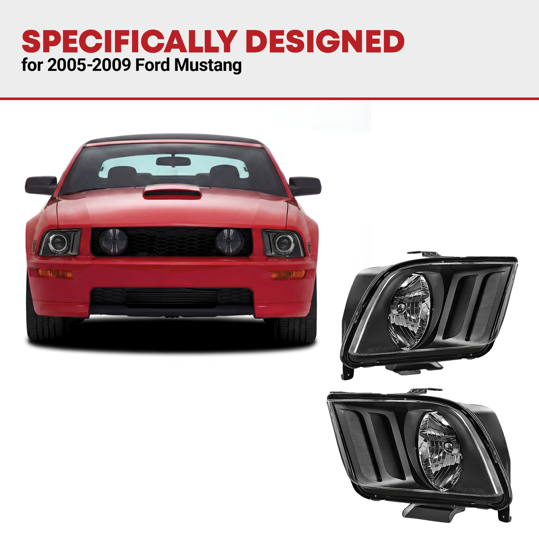 Side view of YITAMOTOR® Headlight Aseembly Compatible with 2005-2009 Ford Mustang Black Housing Clear Lens Driver and Passenger Side