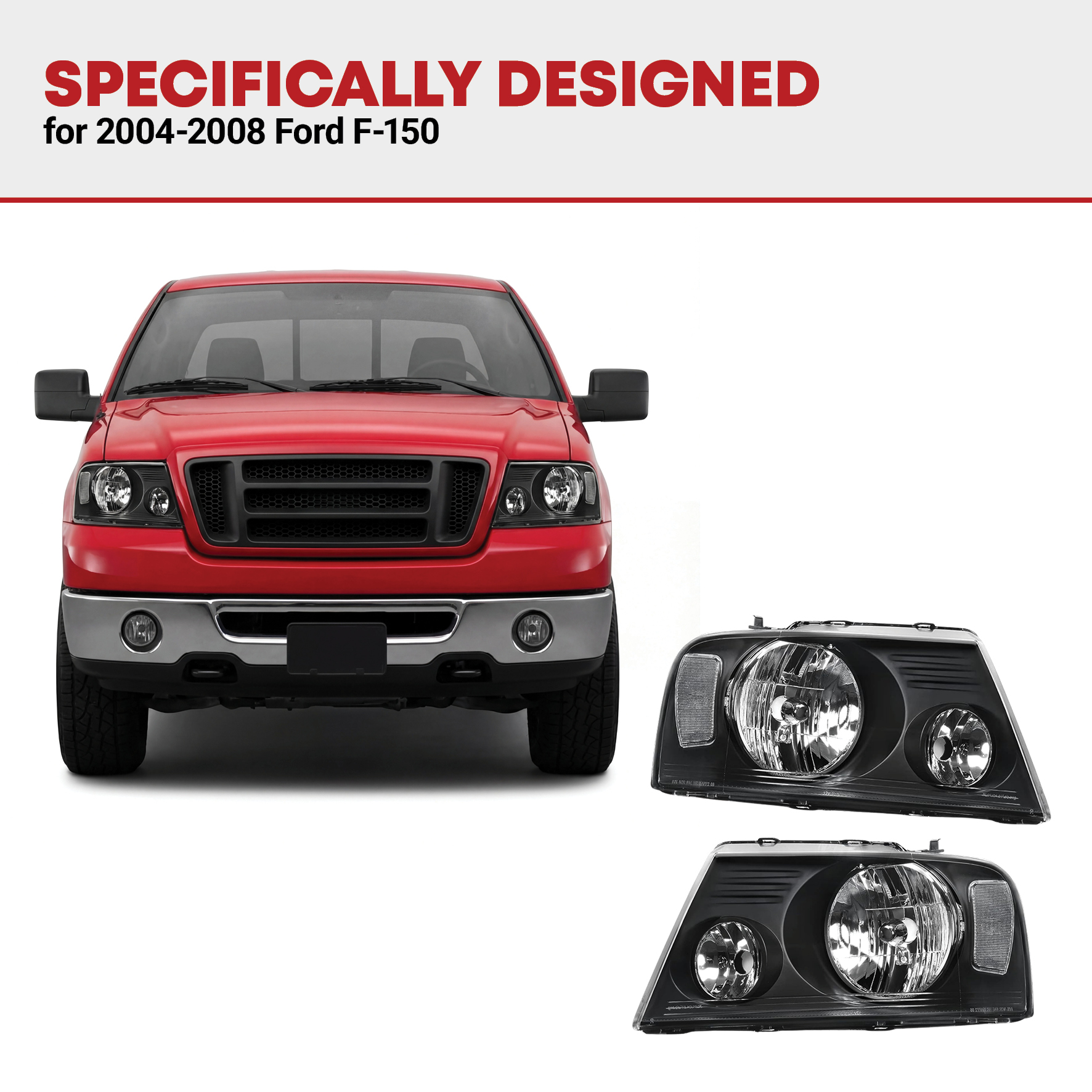 Side view of YITAMOTOR® Headlight Assembly Compatible with 2004 2005 2006 2007 2008 Ford F-150 Black Housing Clear Reflector Clear Lens Passenger and Driver side