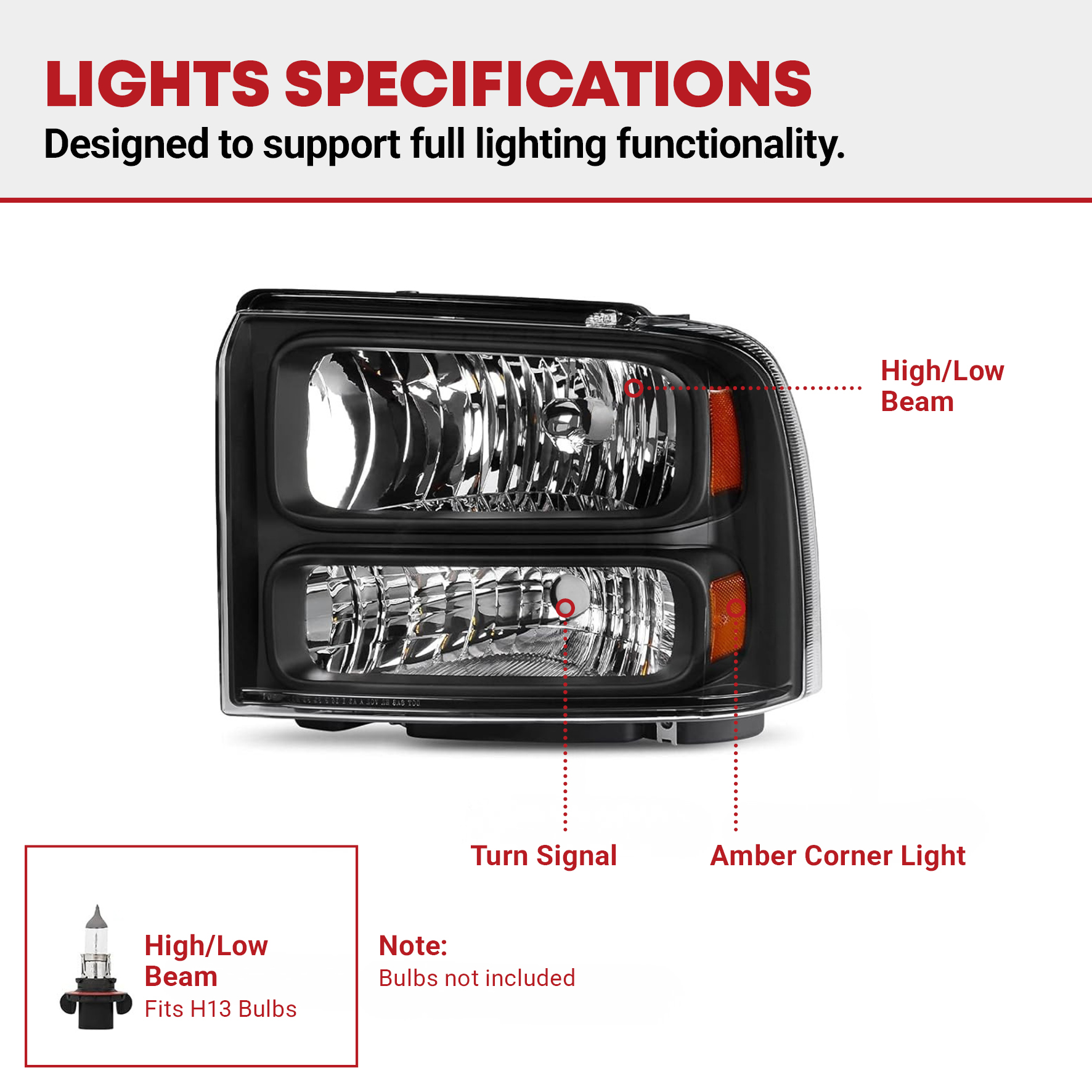 Side view of YITAMOTOR® Headlights Assembly Compatible with 2005-2007 Ford F250 F350 F450 F550 Super Duty/05 Ford Excursion Black Housing Clear Lens