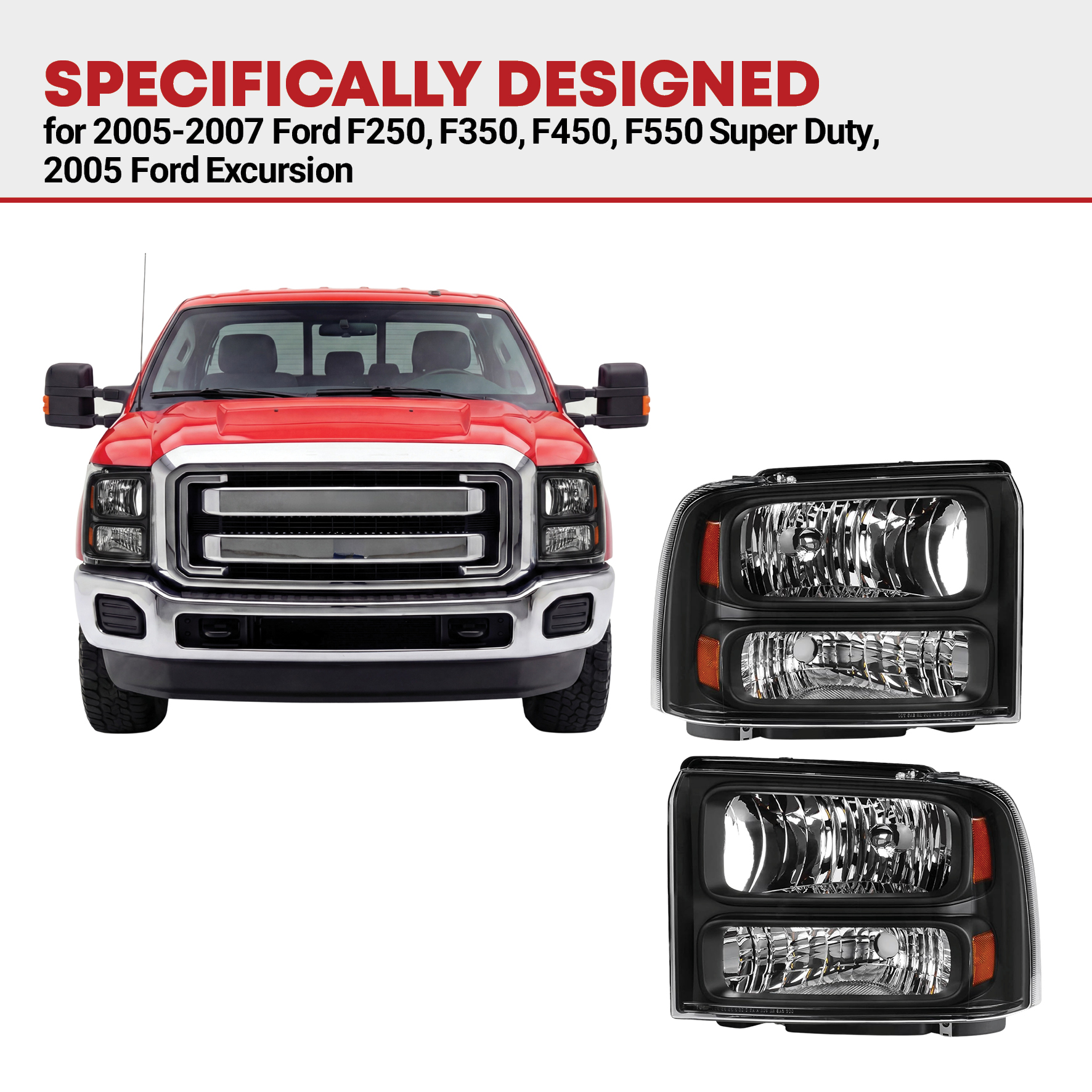 Side view of YITAMOTOR® Headlights Assembly Compatible with 2005-2007 Ford F250 F350 F450 F550 Super Duty/05 Ford Excursion Black Housing Clear Lens