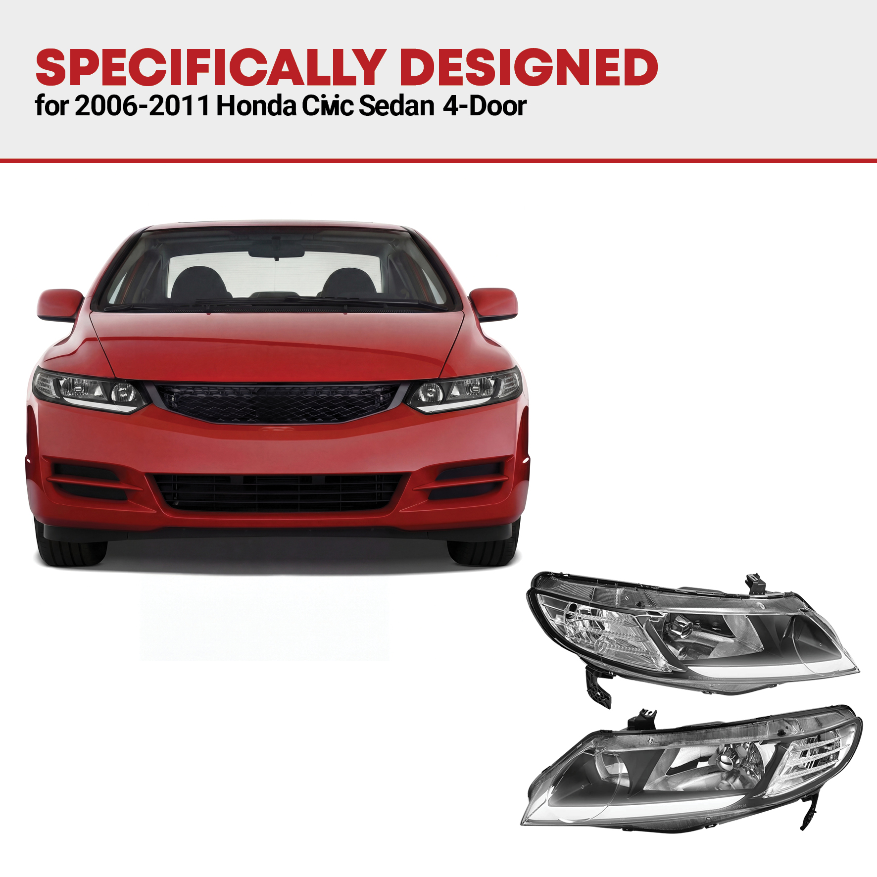 Side view of YITAMOTOR® LED DRL Headlights Assembly For 2006-2011 Civic Sedan 4-Door Headlamp Replacement Pair with Daytime Running Light Black Housing Clear Refle