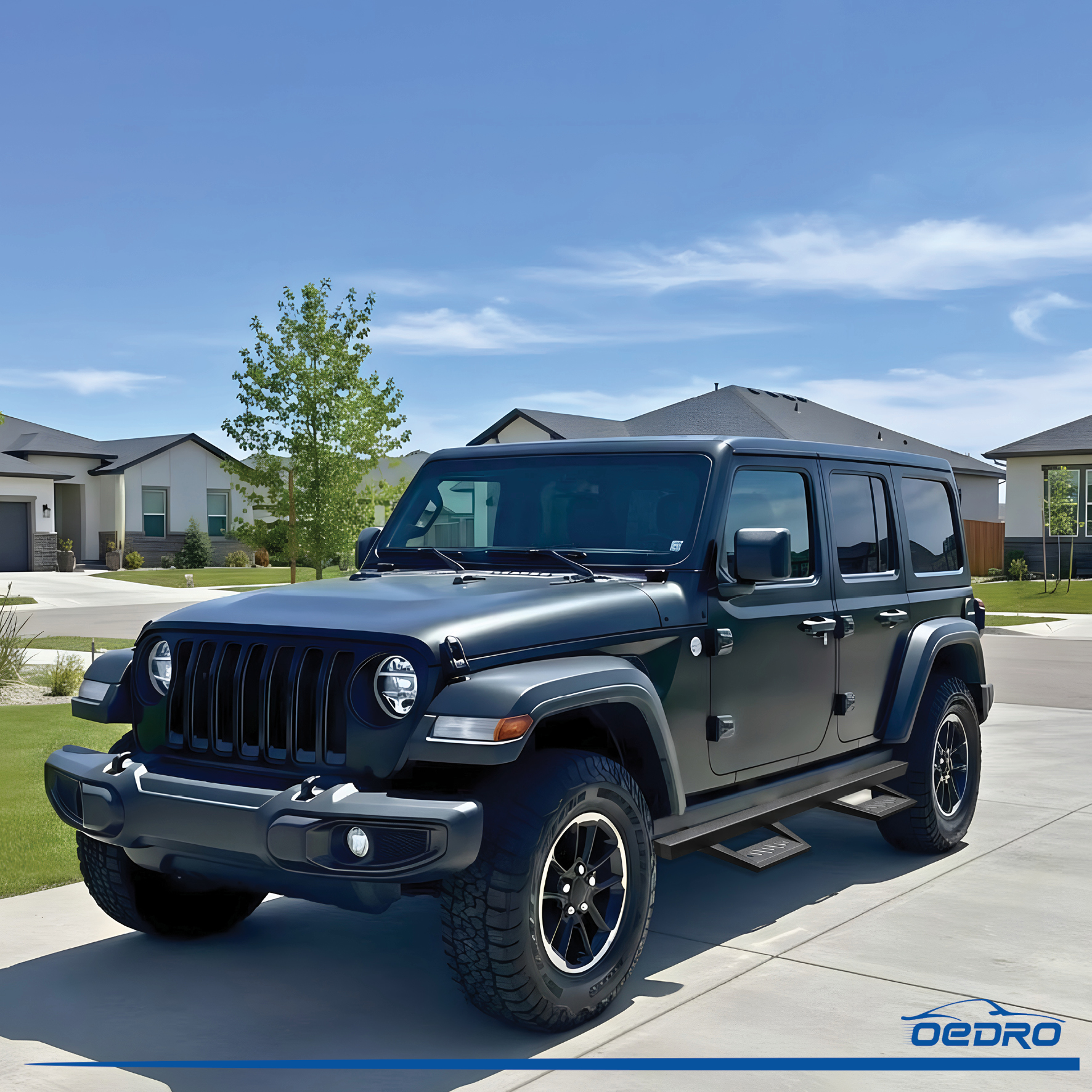 Side view of OEDRO Running Boards Compatible with 2018-2026 Jeep Wrangler JL JLU Unlimited 4 Doors, Drop Down Side Steps Rails, Black Steel Nerf Bars