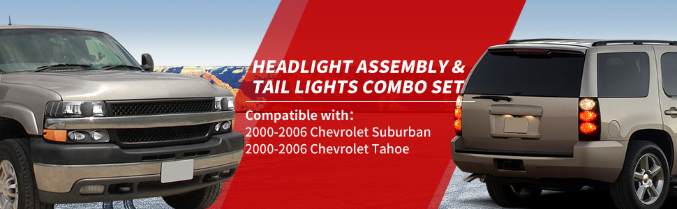 Headlight Set For 2000-2006 Chevy Suburban Tahoe Headlights Lamps + Tail Lights Pair