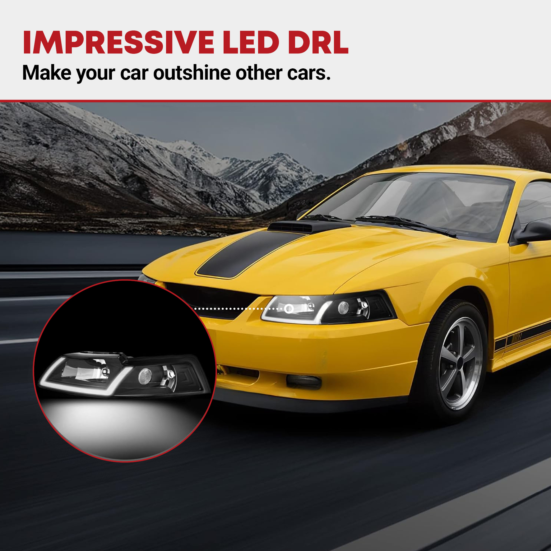 Side view of YITAMOTOR® LED DRL Headlights Assembly Compatible with 1999-2004 Ford Mustang Headlamp Replacement Pair with Daytime Running Light Black Housing Clear