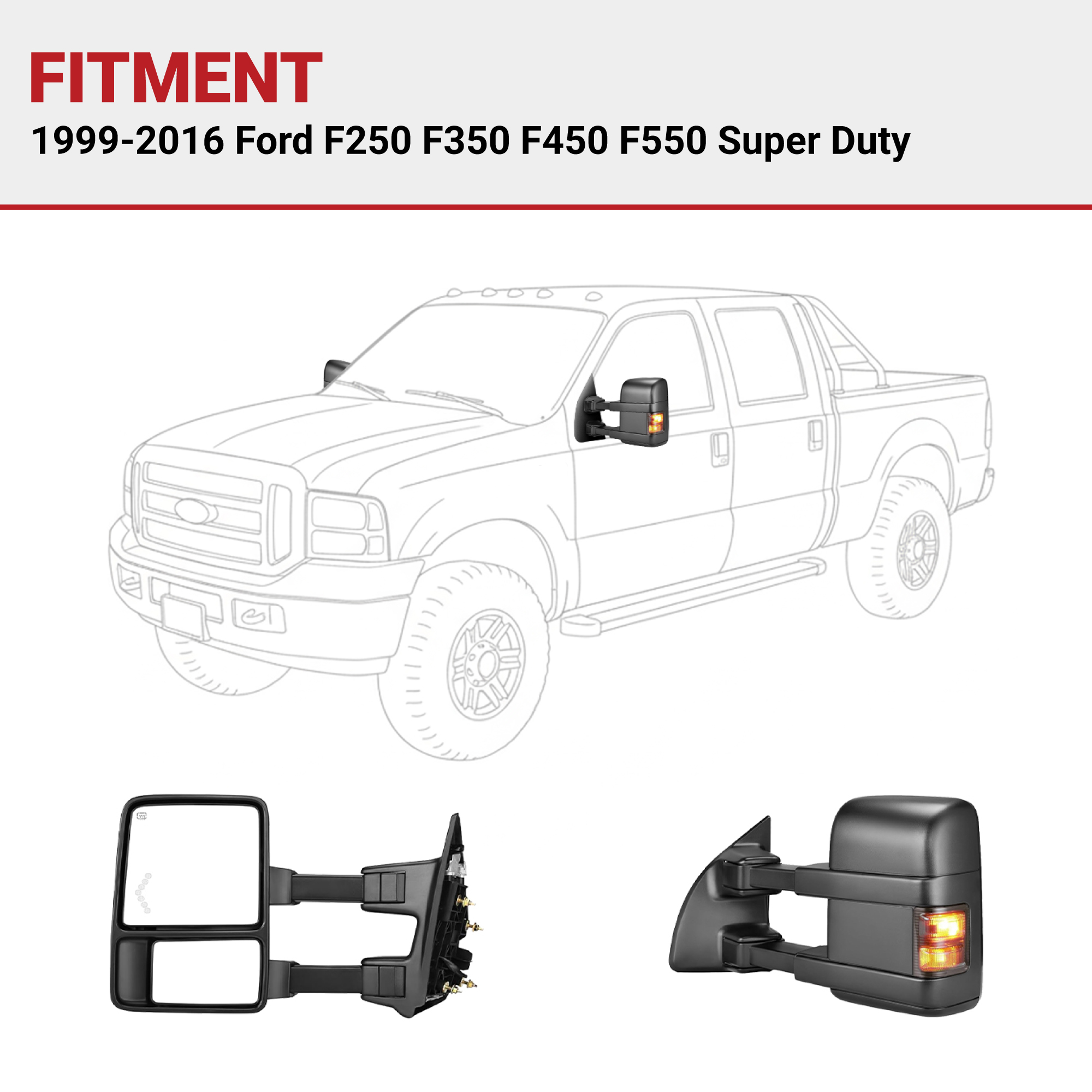 Side view of YITAMOTOR Power Heated Towing Mirrors for 1999-2016 Ford F250 F350 Super Duty | Manual Telescoping & LED Signal