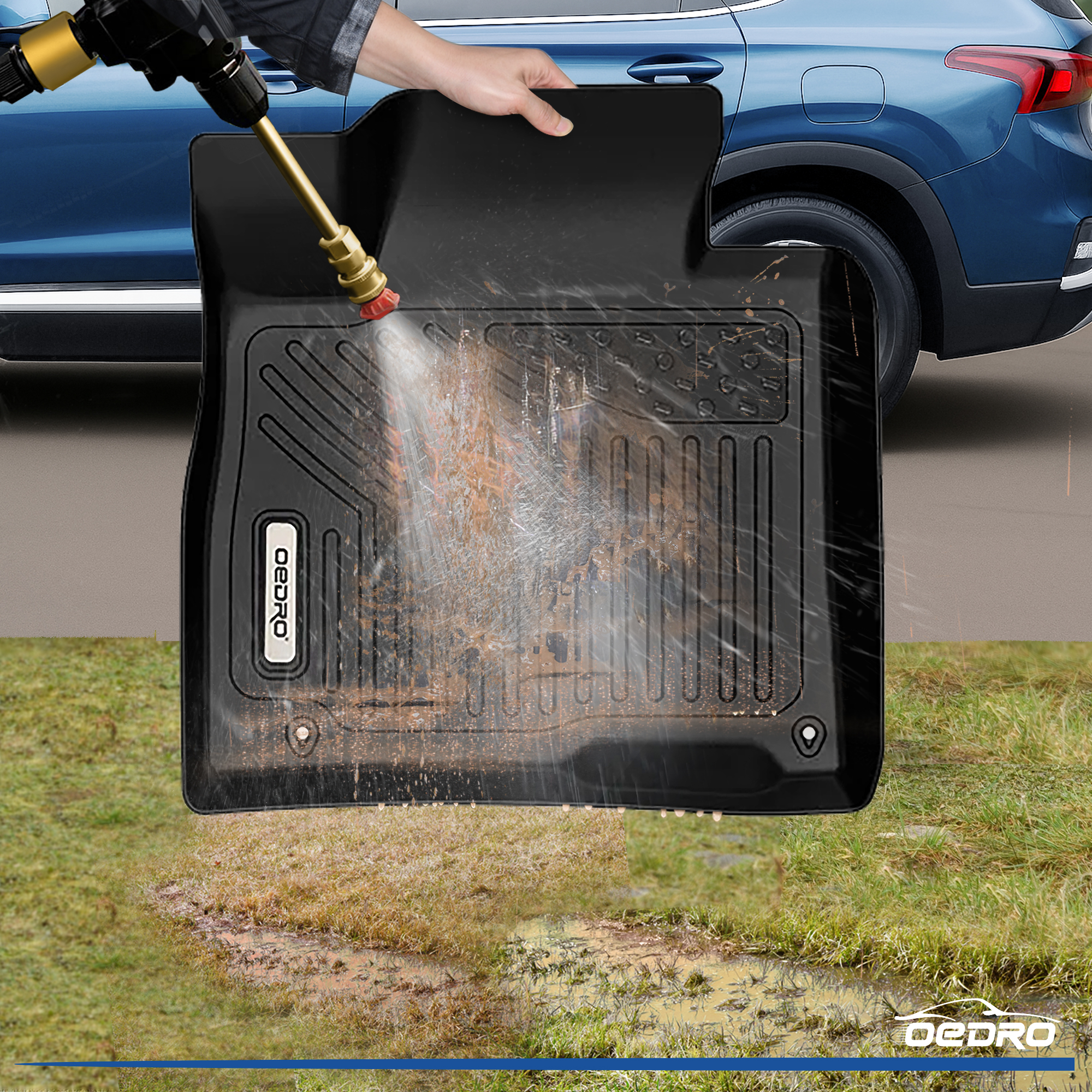 Side view of OEDRO Floor Mats for 2019-2020 Hyundai Santa Fe 5 Passenger Models, Black TPE All-Weather Guard Liner Set