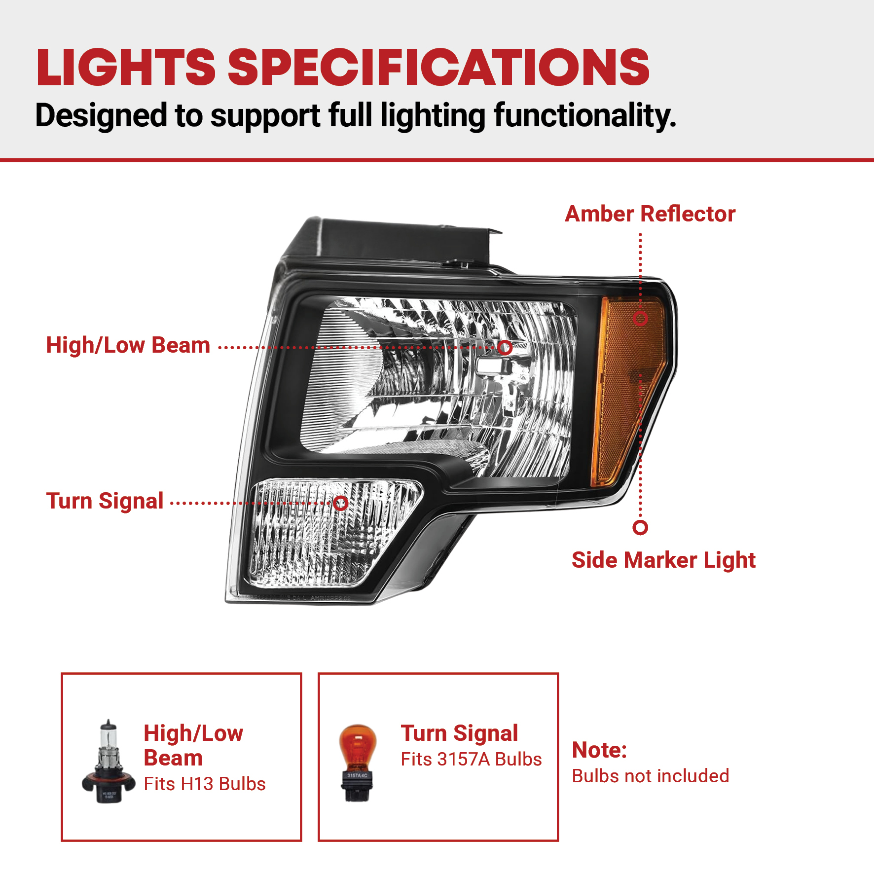 Side view of YITAMOTOR® 2009-2014 Ford F150 Amber Reflector Chrome Housing Replacement Headlight Assembly