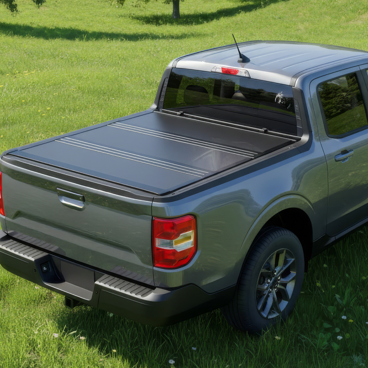 Side view of YITAMOTOR Low-Profile Hard Tri-Fold Tonneau Cover for 2022-2026 Ford Maverick 4.5ft Bed