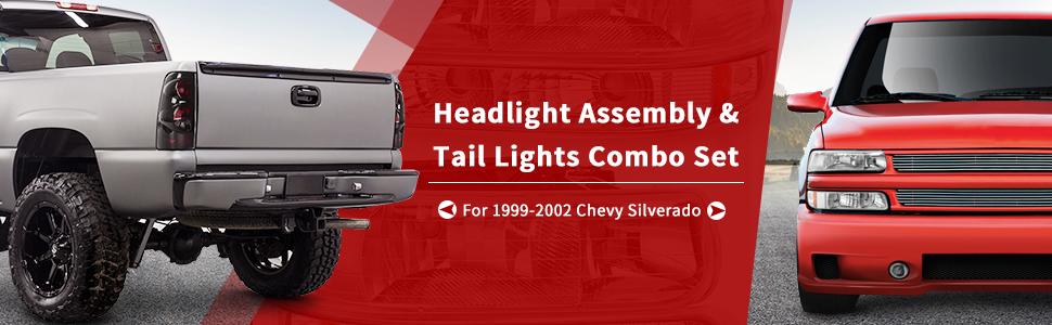 Headlight Assembly & Taillights Combo Set for 1999-2002 Chevrolet Silverado 1500/2500 