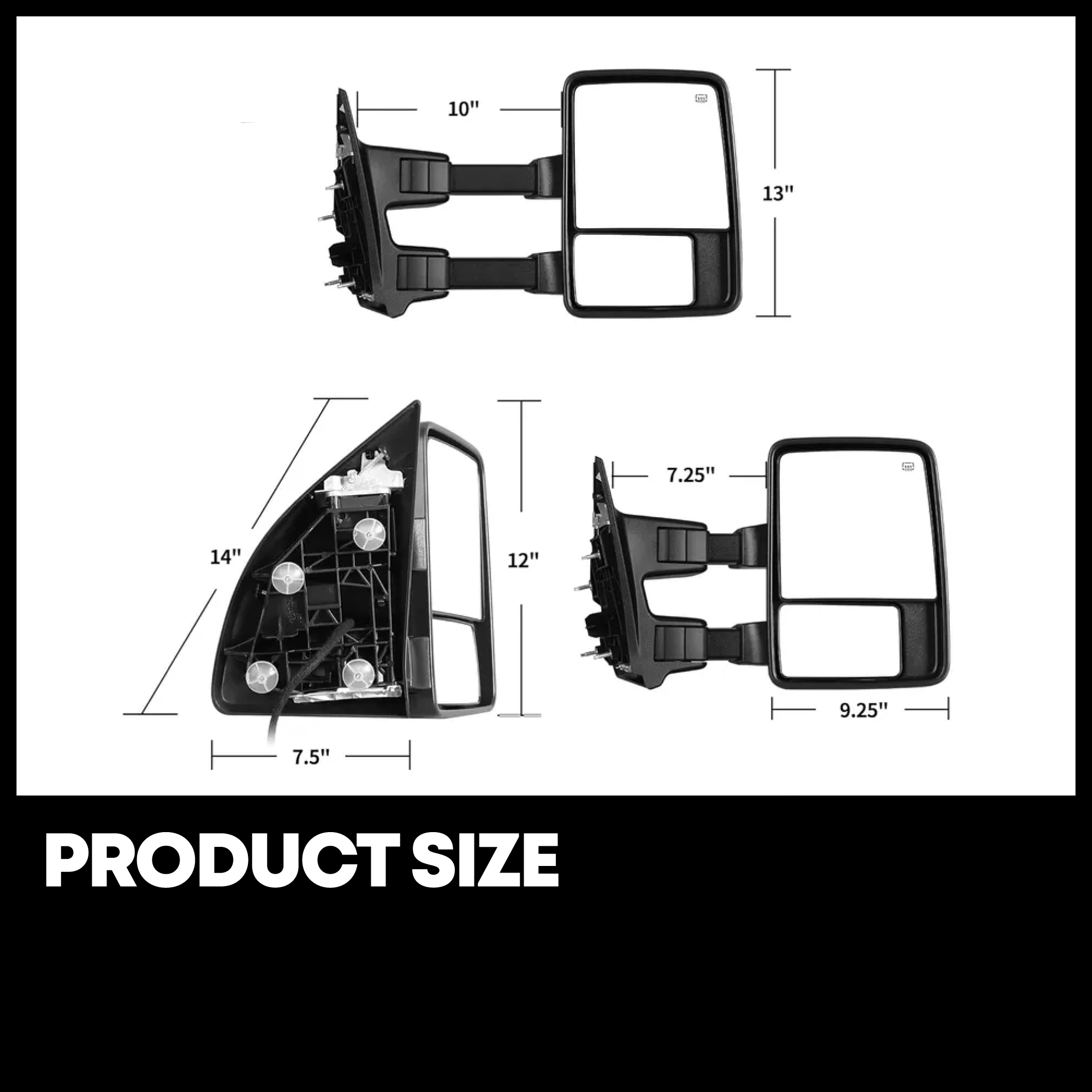 Side view of YITAMOTOR Power Heated Towing Mirrors for 1999-2016 Ford F250 F350 Super Duty | Manual Telescoping & LED Signal