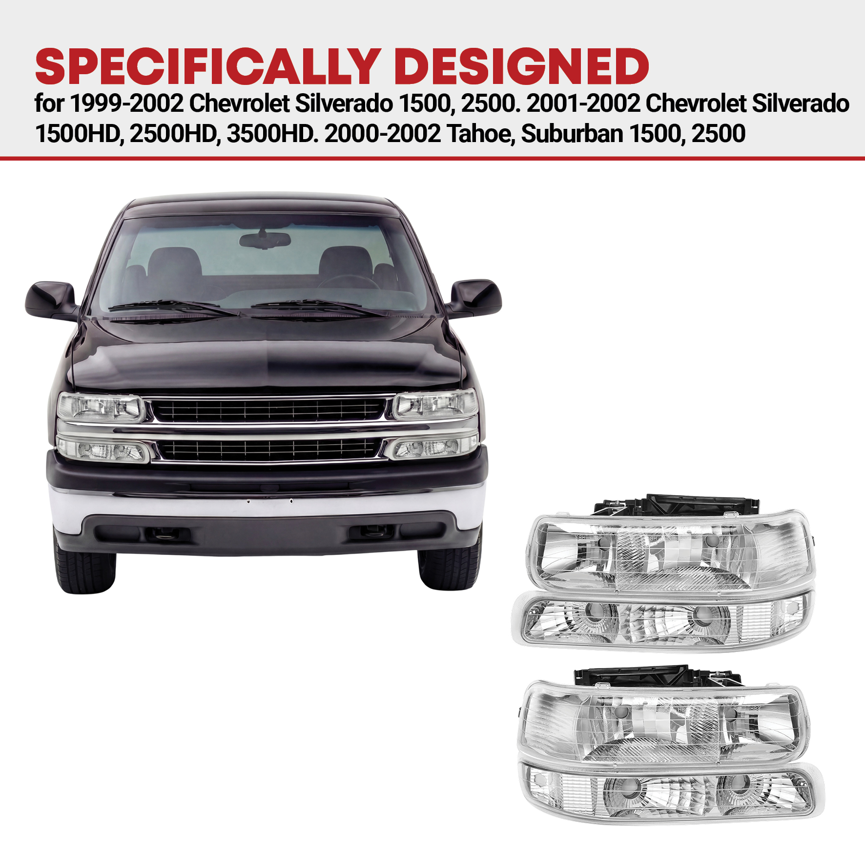 Side view of YITAMOTOR® 1999-2002 Chevy Silverado/2000-2006 Tahoe Suburban Headlights Assembly with Bumper Lights