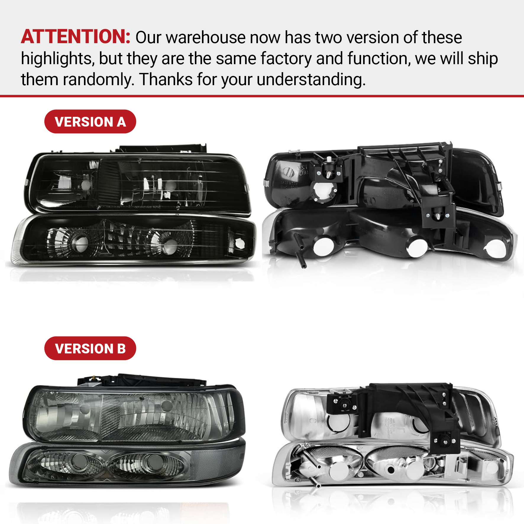 Side view of YITAMOTOR® 1999-2002 Chevy Silverado/2000-2006 Tahoe Suburban Headlights Assembly Smoke Lens
