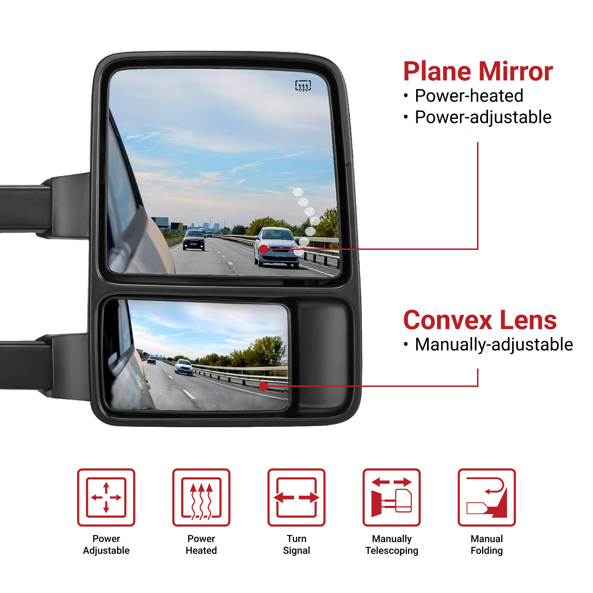 Side view of YITAMOTOR Power Heated Towing Mirrors for 1999-2016 Ford F250 F350 Super Duty | Manual Telescoping & LED Signal