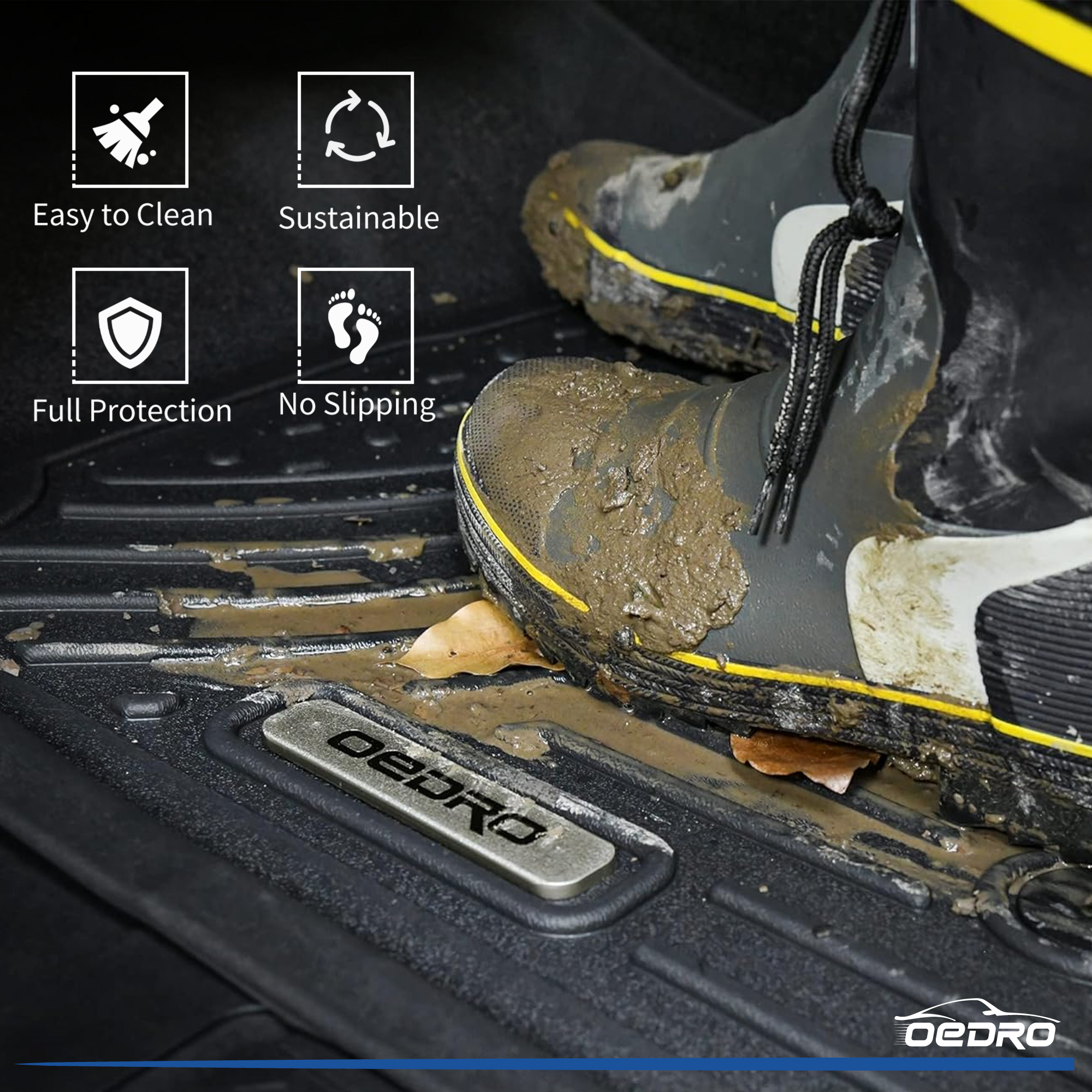 Side view of OEDRO Floor Mats for 2019-2020 Hyundai Santa Fe 5 Passenger Models, Black TPE All-Weather Guard Liner Set