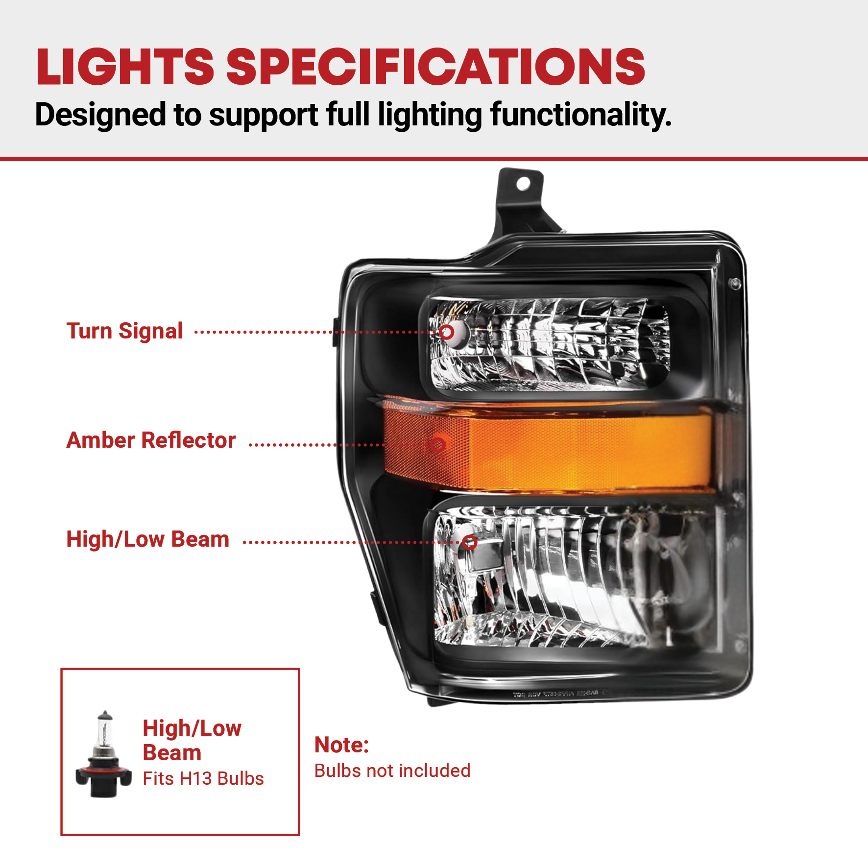 Side view of YITAMOTOR® 2008-2010 Ford F250 / F350 / F450 Super Duty Headlights Assembly Amber Reflector
