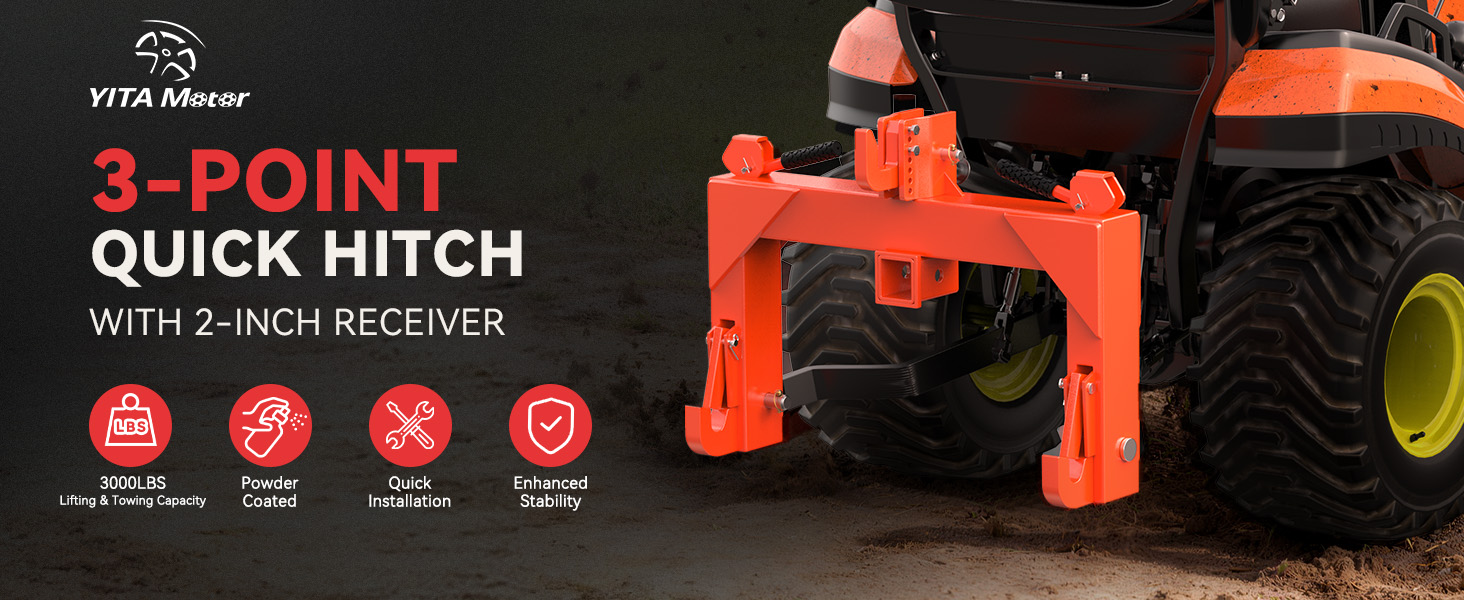 3 point quick hitch, tractor quick hitch, Category 1 hitch, 2 receiver hitch, 3000 lbs capacity, YITAMOTOR, 3 pt trailer hitch, adjustable bolt hitch