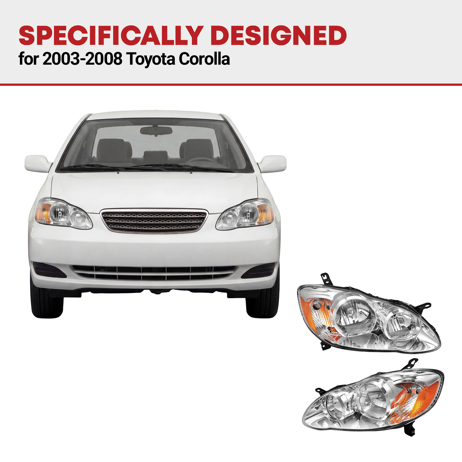 Side view of YITAMOTOR® Headlight Assembly Compatible with 2003-2008 Corolla Chrome Housing Amber Reflector Clear Lens(Driver and Passenger Side)