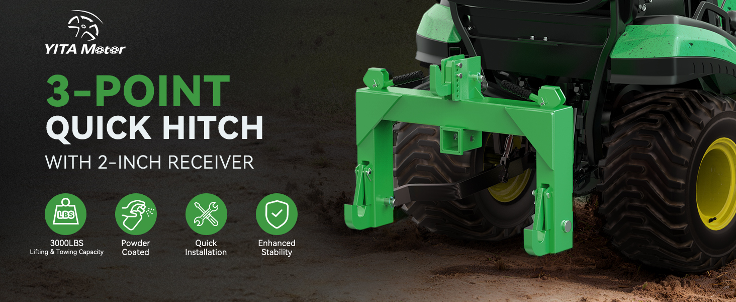 3 point quick hitch, tractor quick hitch green, Category 1 hitch, 2 receiver hitch, 3000 lbs capacity, YITAMOTOR, 3 pt trailer hitch, adjustable bolt hitch