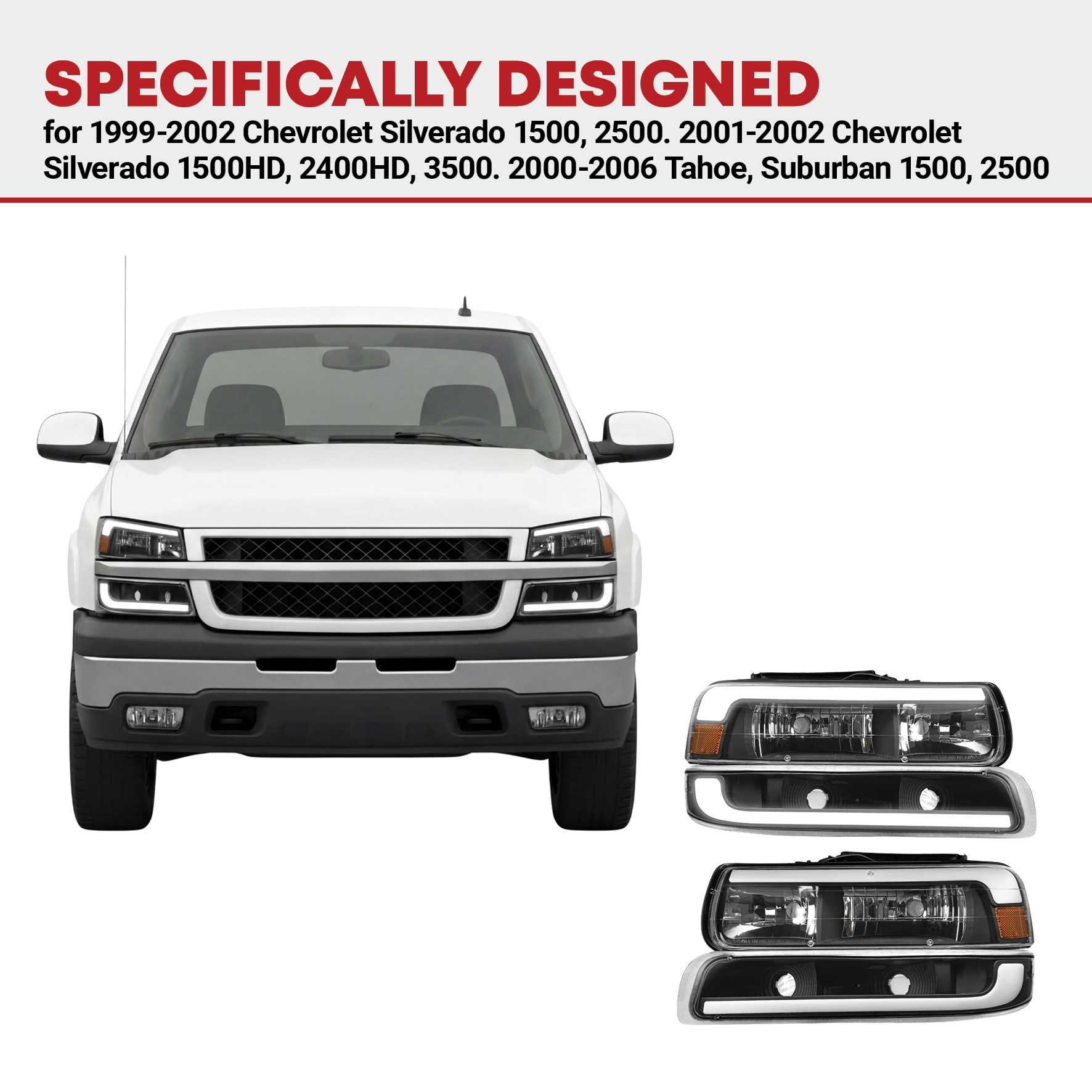 Side view of YITAMOTOR® 1999-2002 Chevy Silverado LED DRL Headlights Bumper Lamps Black Housing