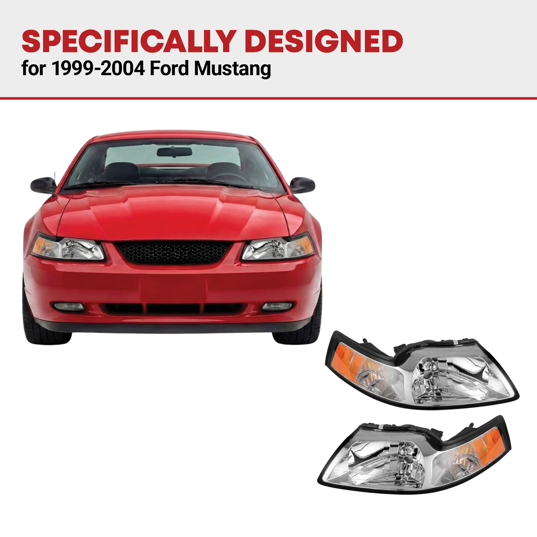 Side view of YITAMOTOR® Headlight Assembly Compatible with 1999-2004 Ford Mustang, Headlamp with Amber Reflector Chrome Housing - Driver and Passenger Side