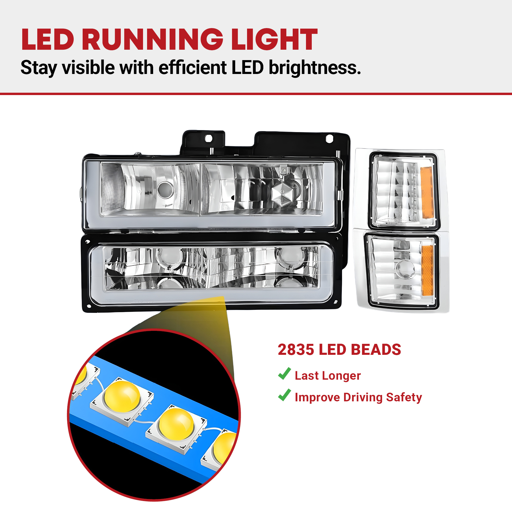 Side view of YITAMOTOR® 1994-1999 Chevy C/K 1500 2500 3500 LED DRL Headlights Assembly with Corner Light Chrome Housing
