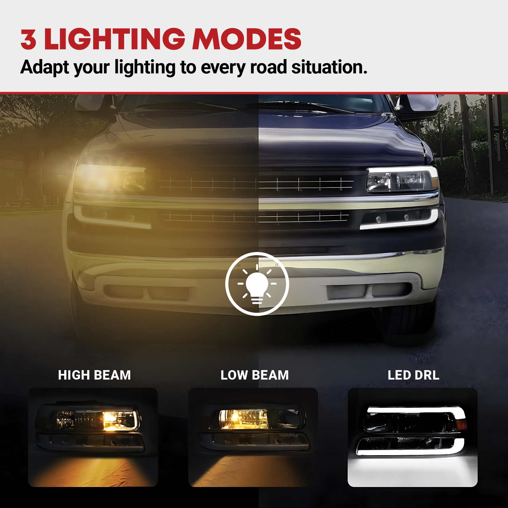 Side view of YITAMOTOR® 1999-2002 Chevy Silverado LED DRL Headlights Bumper Lamps Black Housing