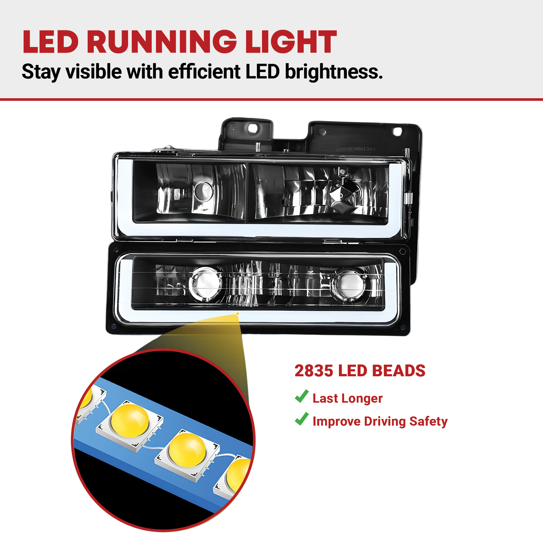 Side view of YITAMOTOR® 1994-1999 Chevy C/K 1500 2500 3500 LED DRL Headlights Assembly with Corner Light Black Housing