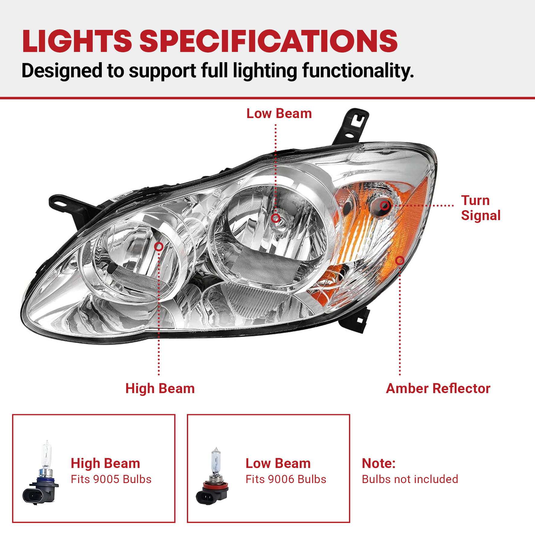 Side view of YITAMOTOR® Headlight Assembly Compatible with 2003-2008 Corolla Chrome Housing Amber Reflector Clear Lens(Driver and Passenger Side)