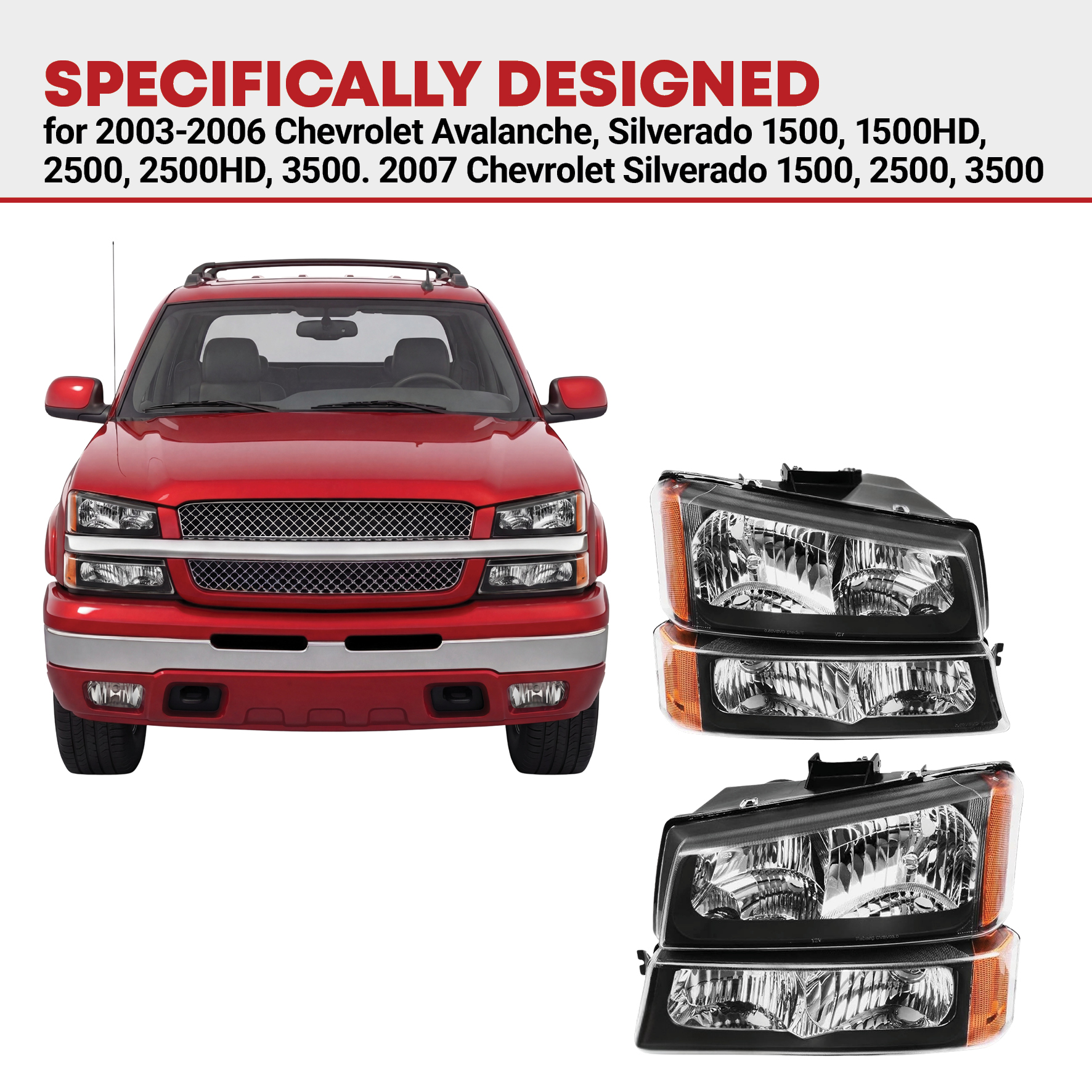 Side view of YITAMOTOR® 2003-2007 Chevy Silverado Headlight Assembly Black Housing Amber Side + Bumper Headlights Lamps