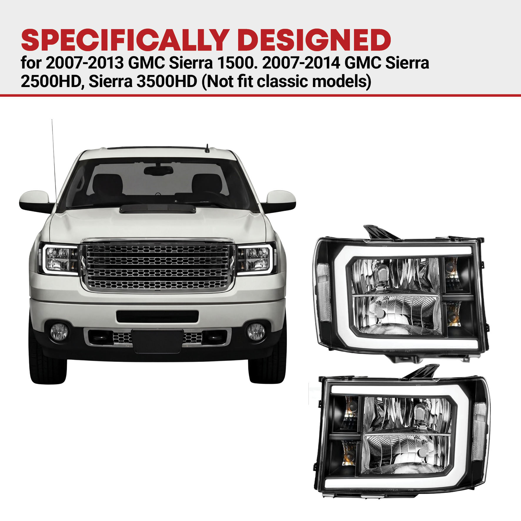 Side view of For 2007-2013 GMC Sierra 1500 2500HD 3500HD LED DRL Black Headlights Lamp Pair